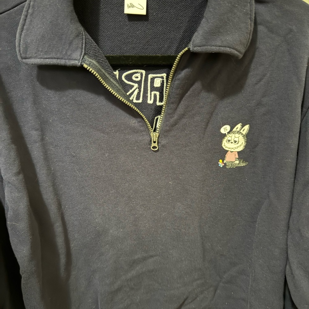 Uniqlo Navy Half-Zip Pullover with Labubu